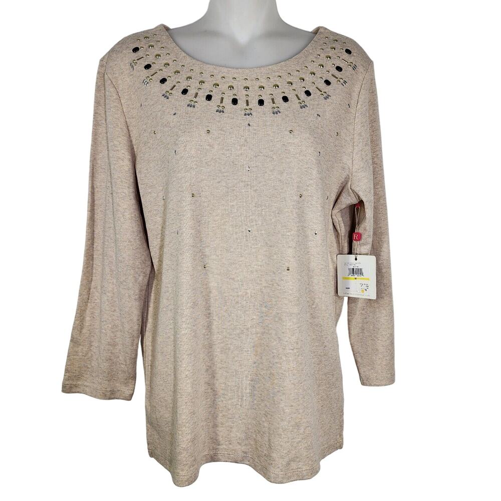Rafaella Top Womens Medium Oatmeal Heather Beaded Cotton Blend 3/4 Sleeve Knit